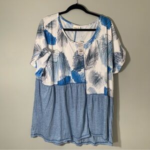 NEW Suzanne Betro Simple Blue and White Leaf Mixed Print Pattern‎ Top Shirt
